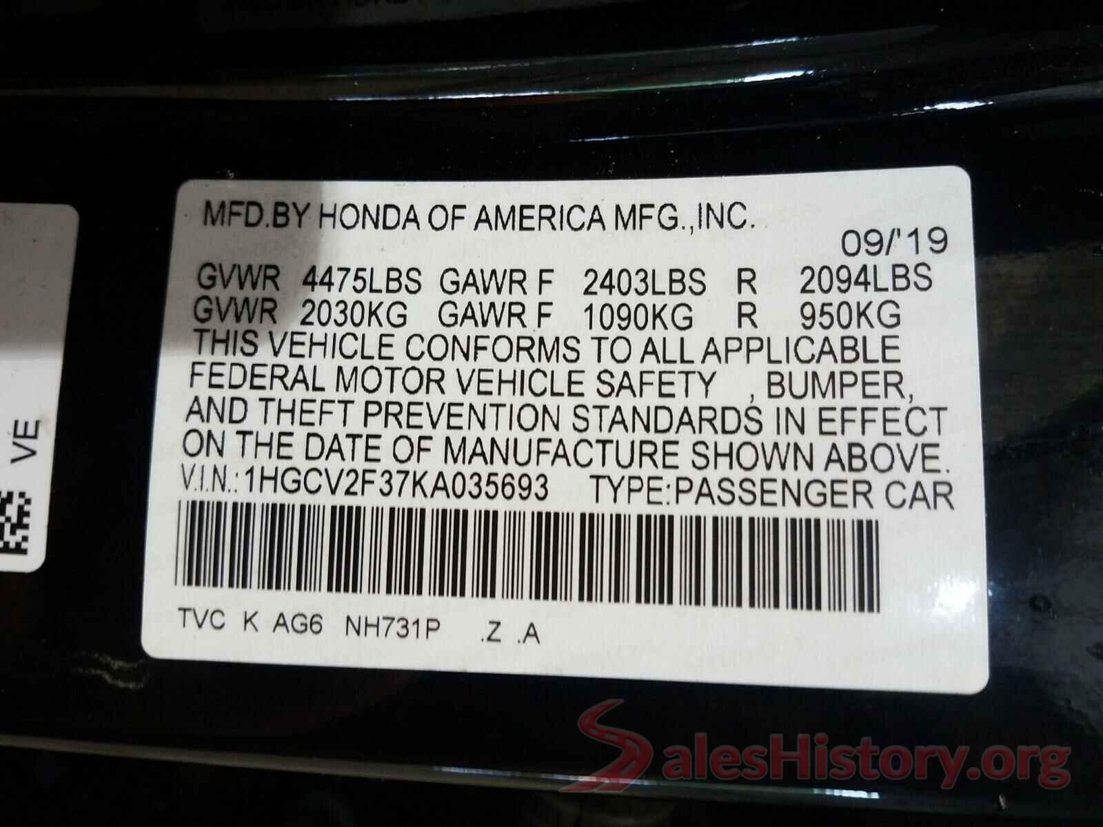 1HGCV2F37KA035693 2019 HONDA ACCORD