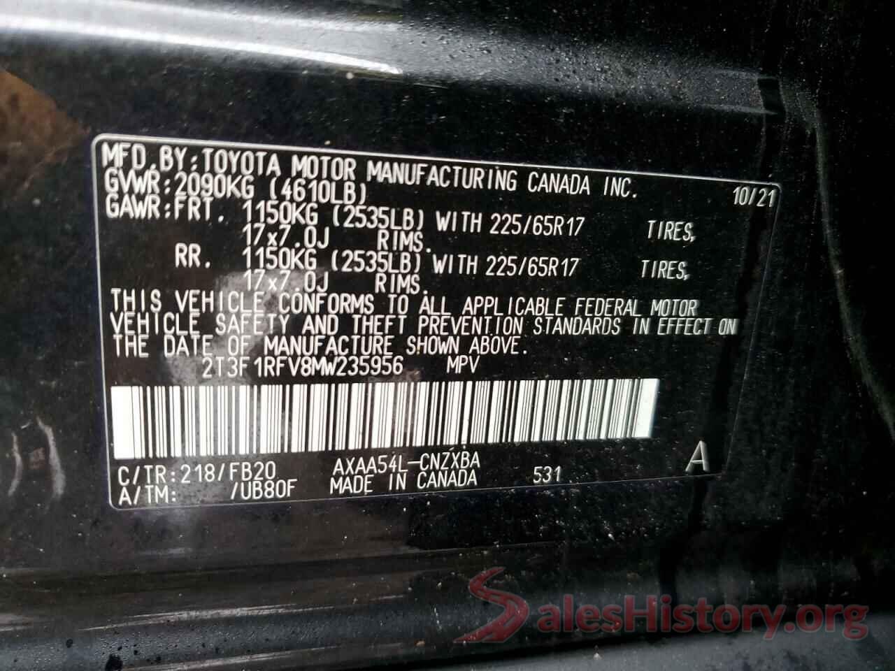 2T3F1RFV8MW235956 2021 TOYOTA RAV4