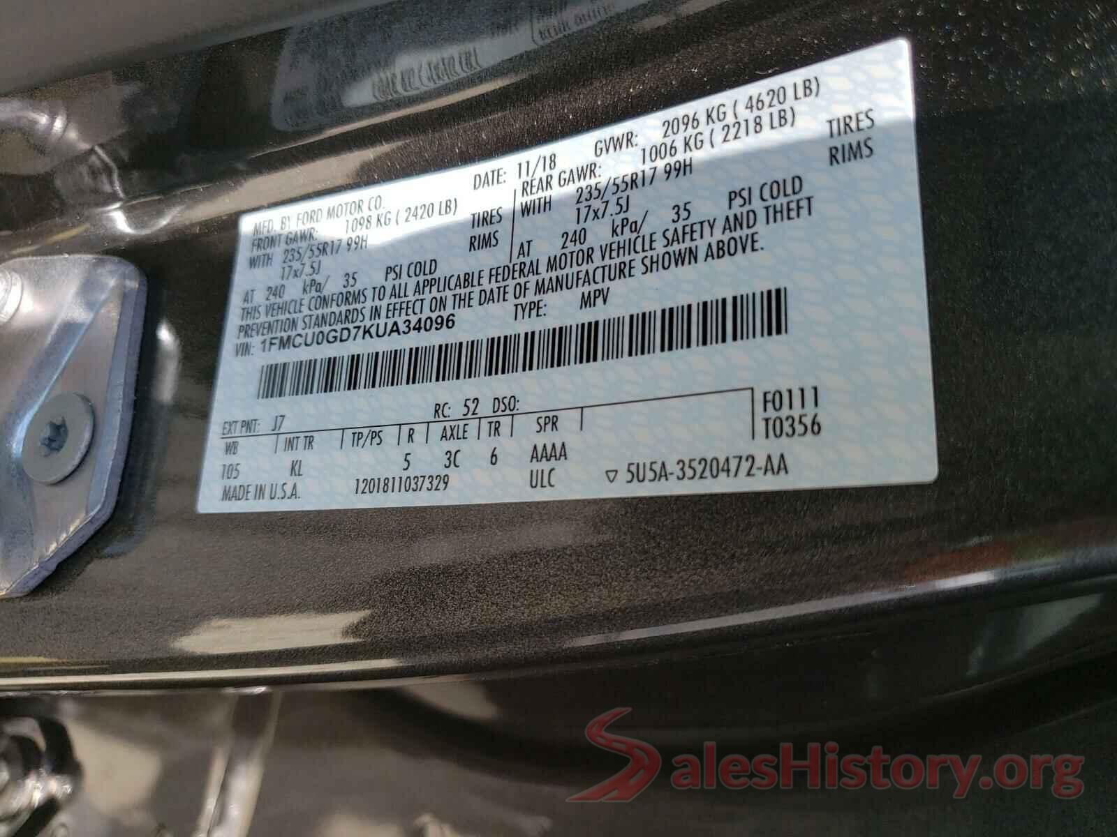 1FMCU0GD7KUA34096 2019 FORD ESCAPE