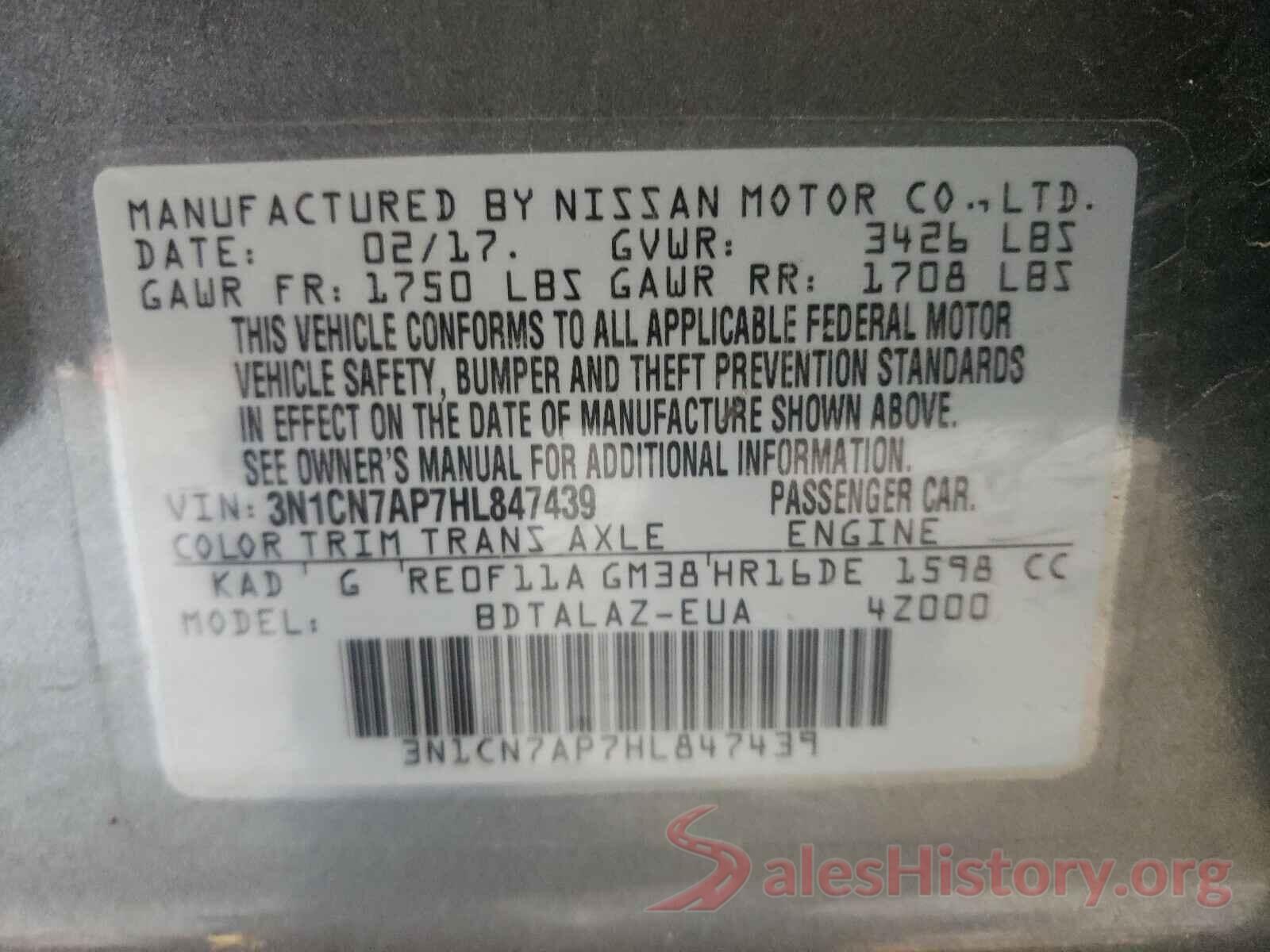 3N1CN7AP7HL847439 2017 NISSAN VERSA