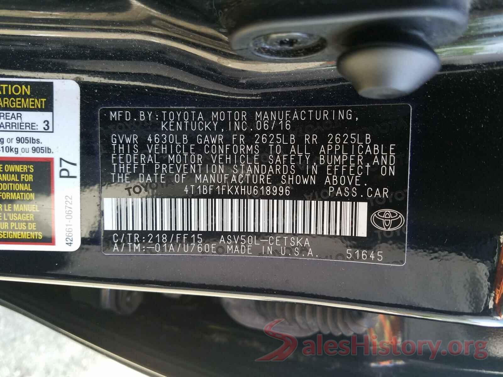 4T1BF1FKXHU618996 2017 TOYOTA CAMRY