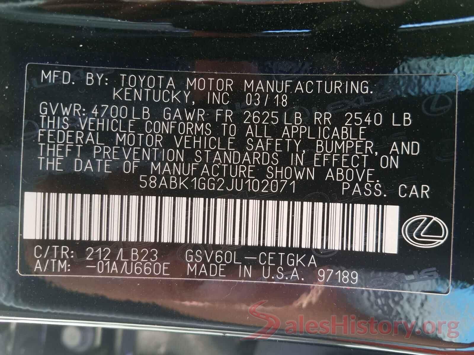 58ABK1GG2JU102071 2018 LEXUS ES350