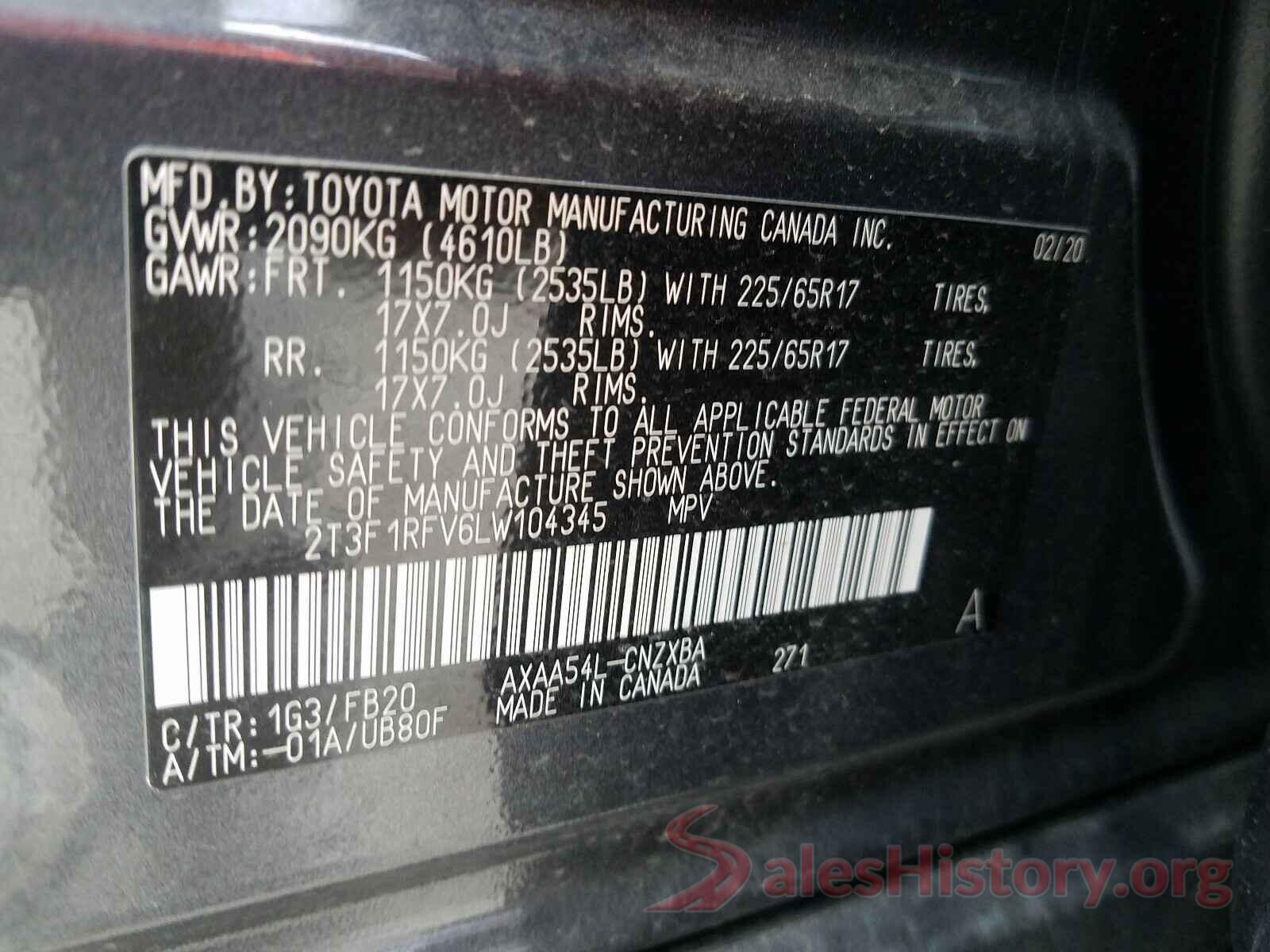 2T3F1RFV6LW104345 2020 TOYOTA RAV4