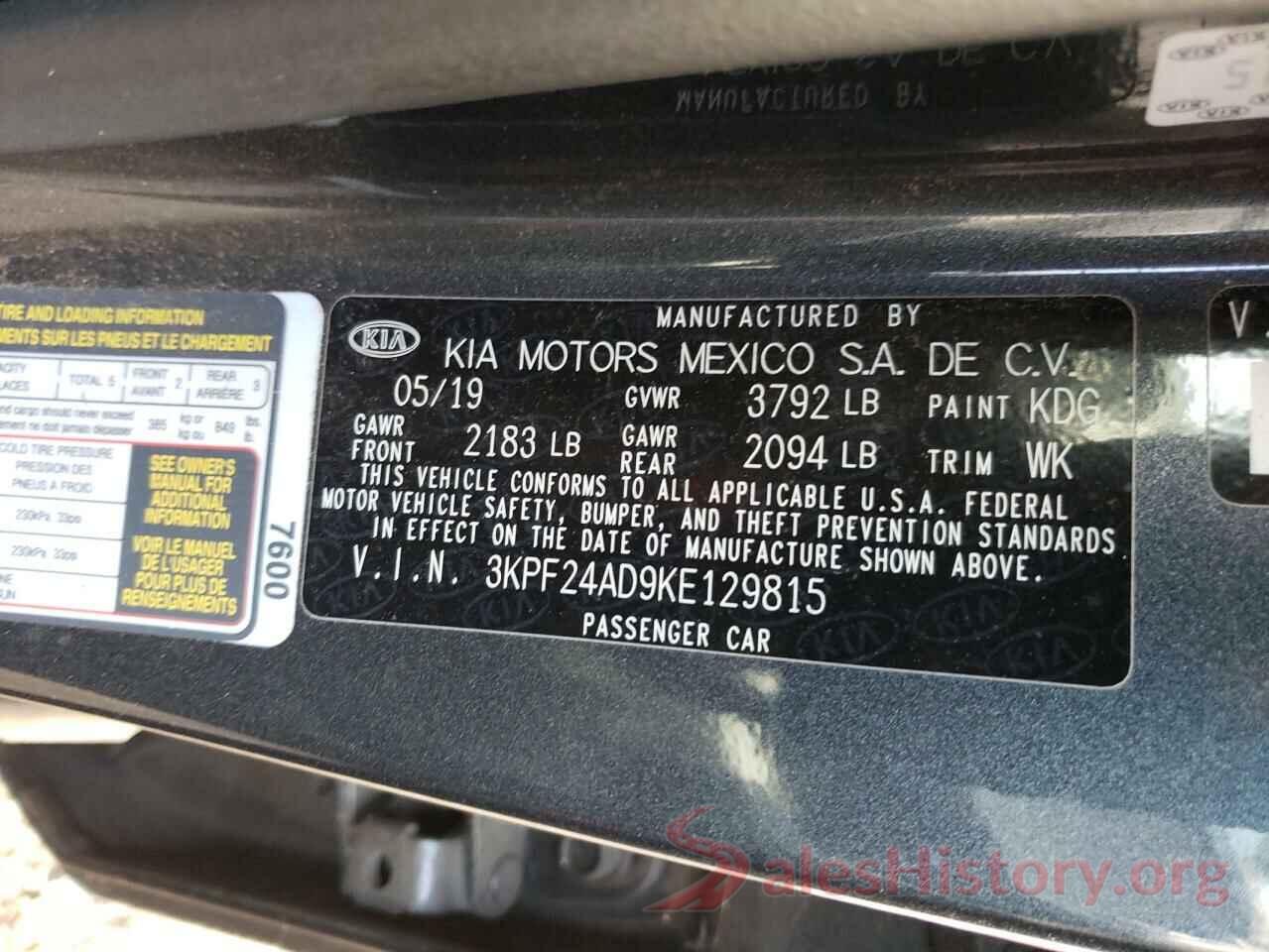 3KPF24AD9KE129815 2019 KIA FORTE