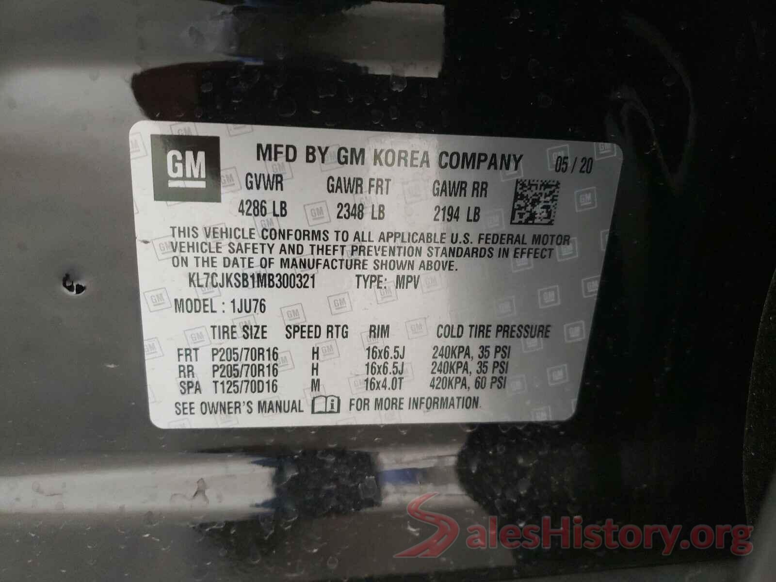 KL7CJKSB1MB300321 2021 CHEVROLET TRAX