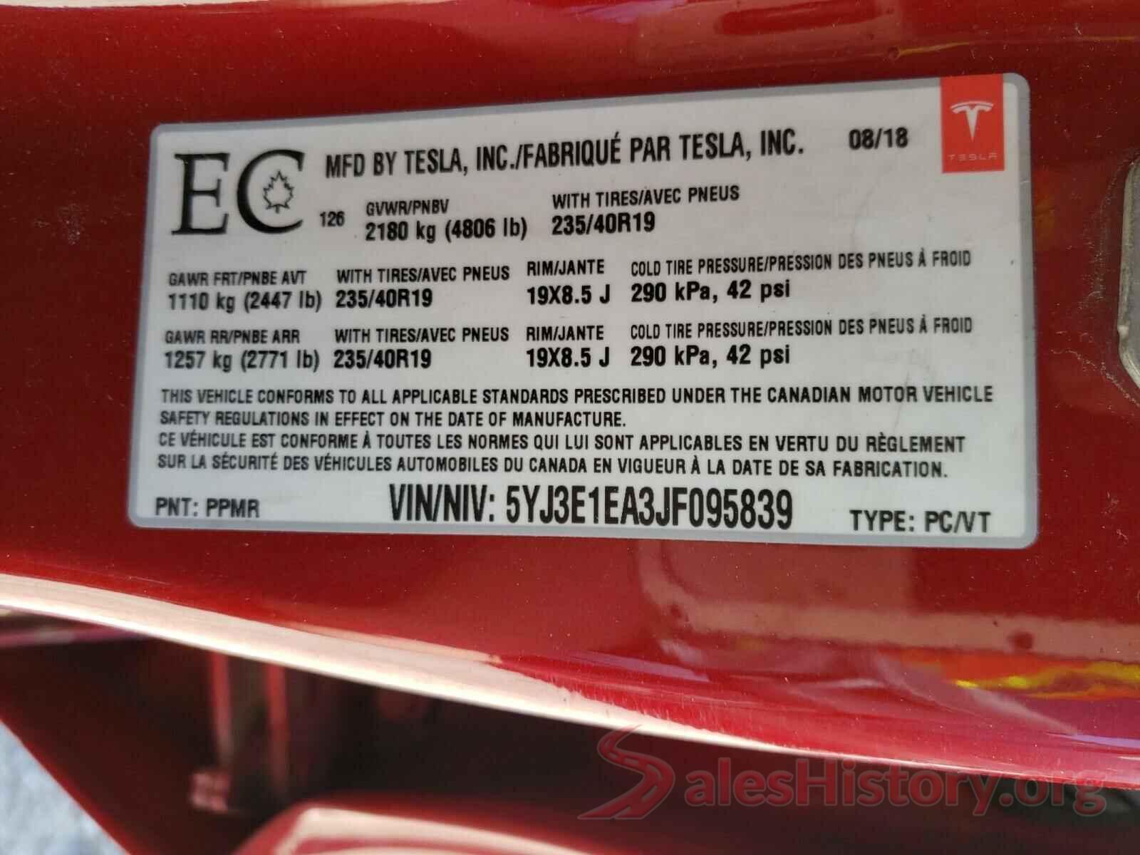 5YJ3E1EA3JF095839 2018 TESLA MODEL 3