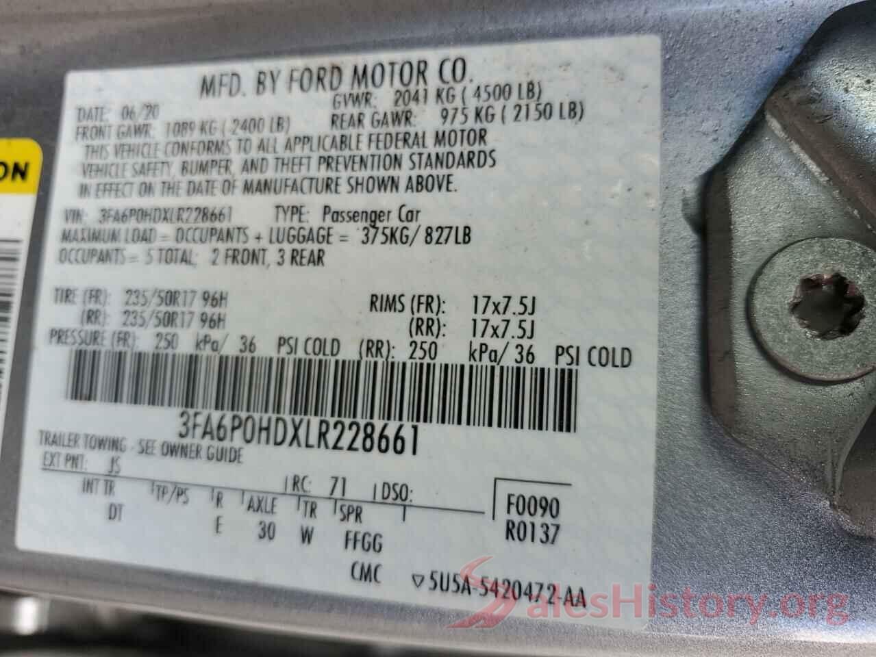 3FA6P0HDXLR228661 2020 FORD FUSION