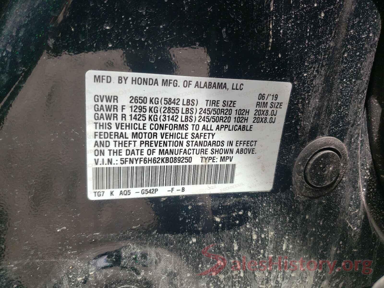 5FNYF6H62KB089250 2019 HONDA PILOT