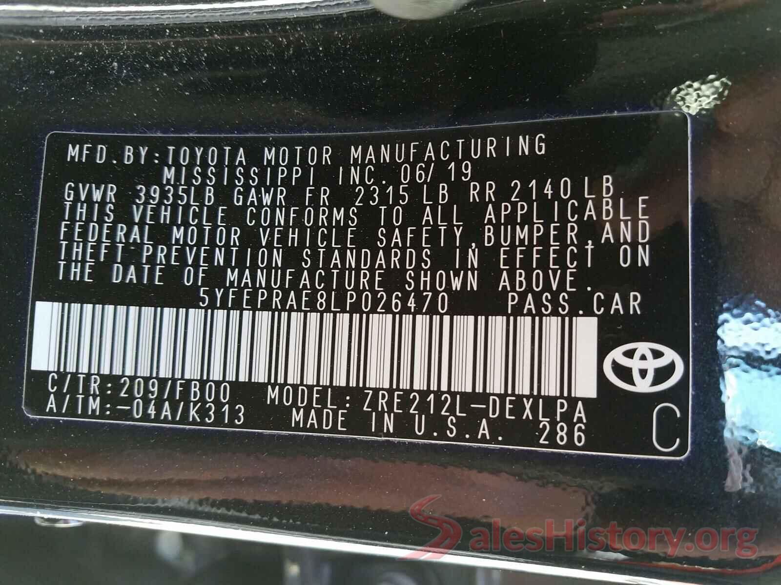 5YFEPRAE8LP026470 2020 TOYOTA COROLLA