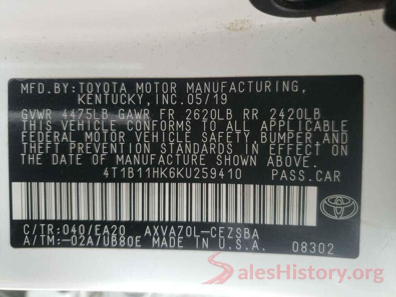 4T1B11HK6KU259410 2019 TOYOTA CAMRY