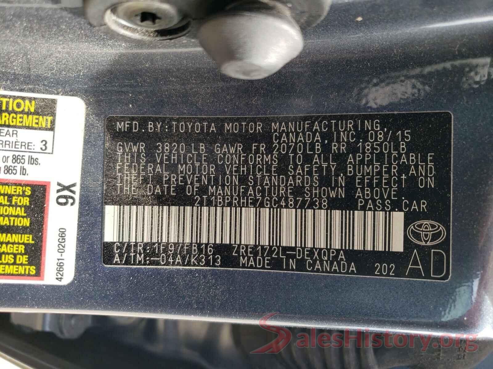 2T1BPRHE7GC487738 2016 TOYOTA COROLLA