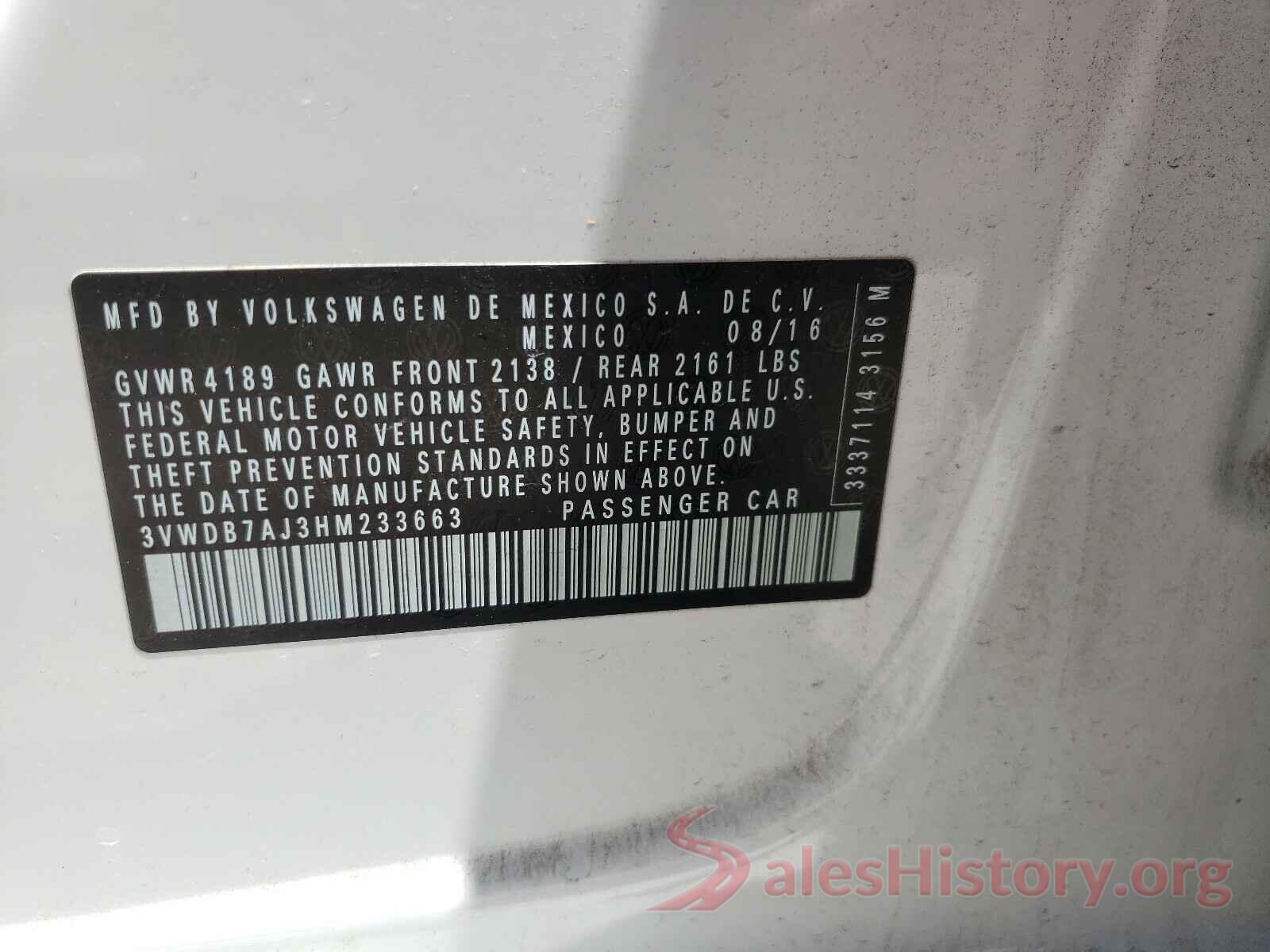 3VWDB7AJ3HM233663 2017 VOLKSWAGEN JETTA