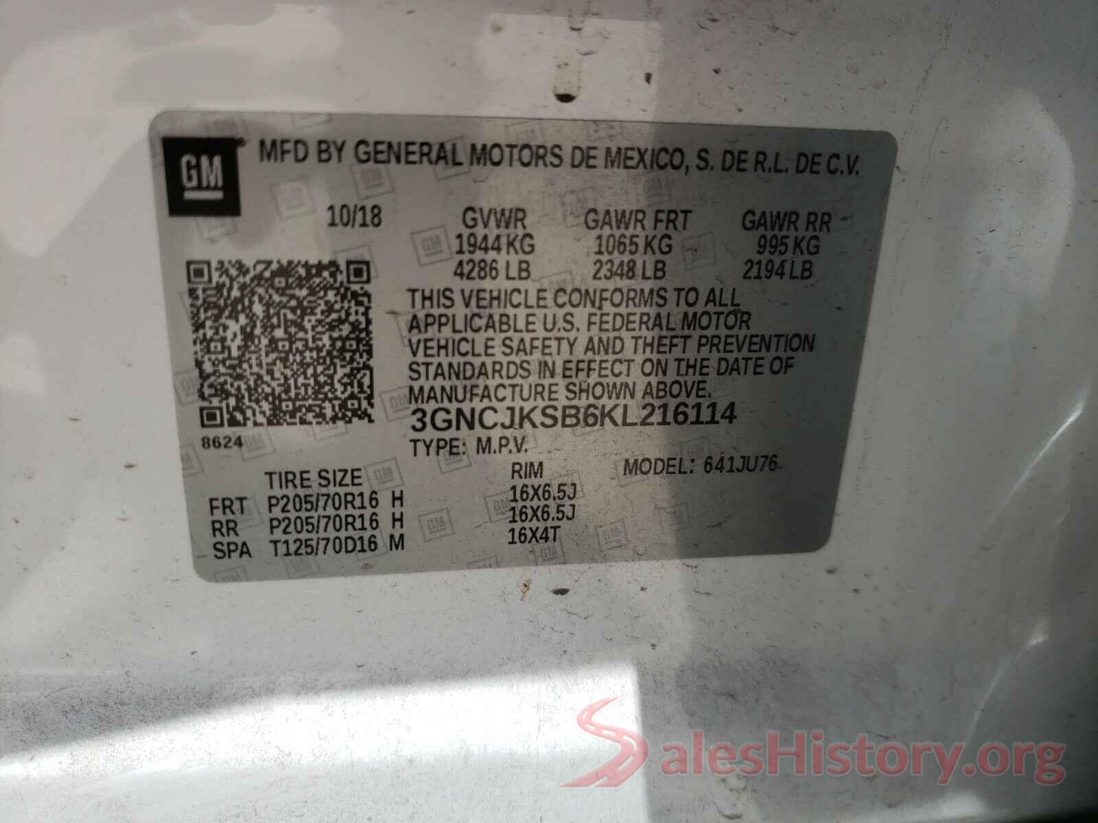 3GNCJKSB6KL216114 2019 CHEVROLET TRAX