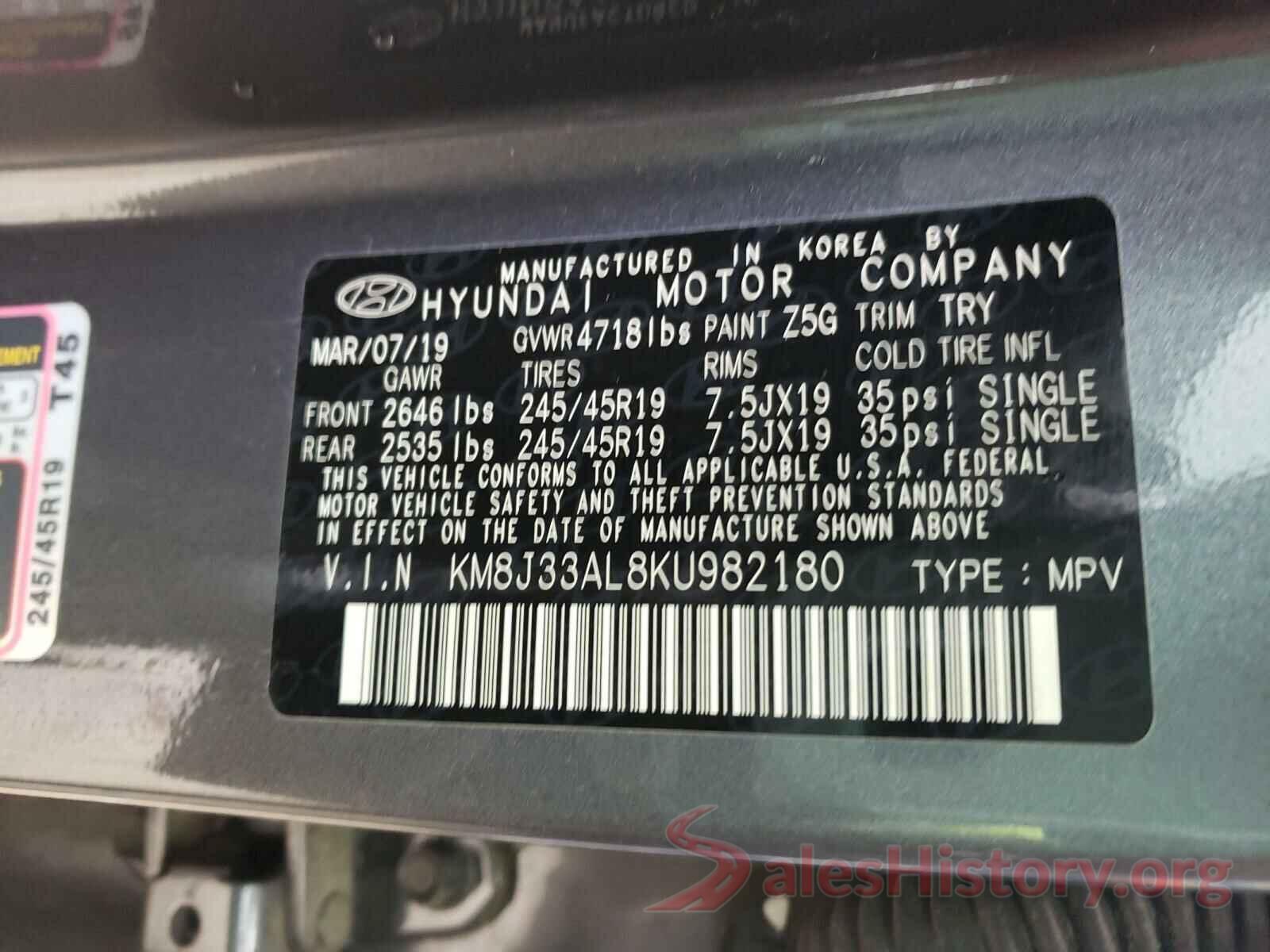 KM8J33AL8KU982180 2019 HYUNDAI TUCSON