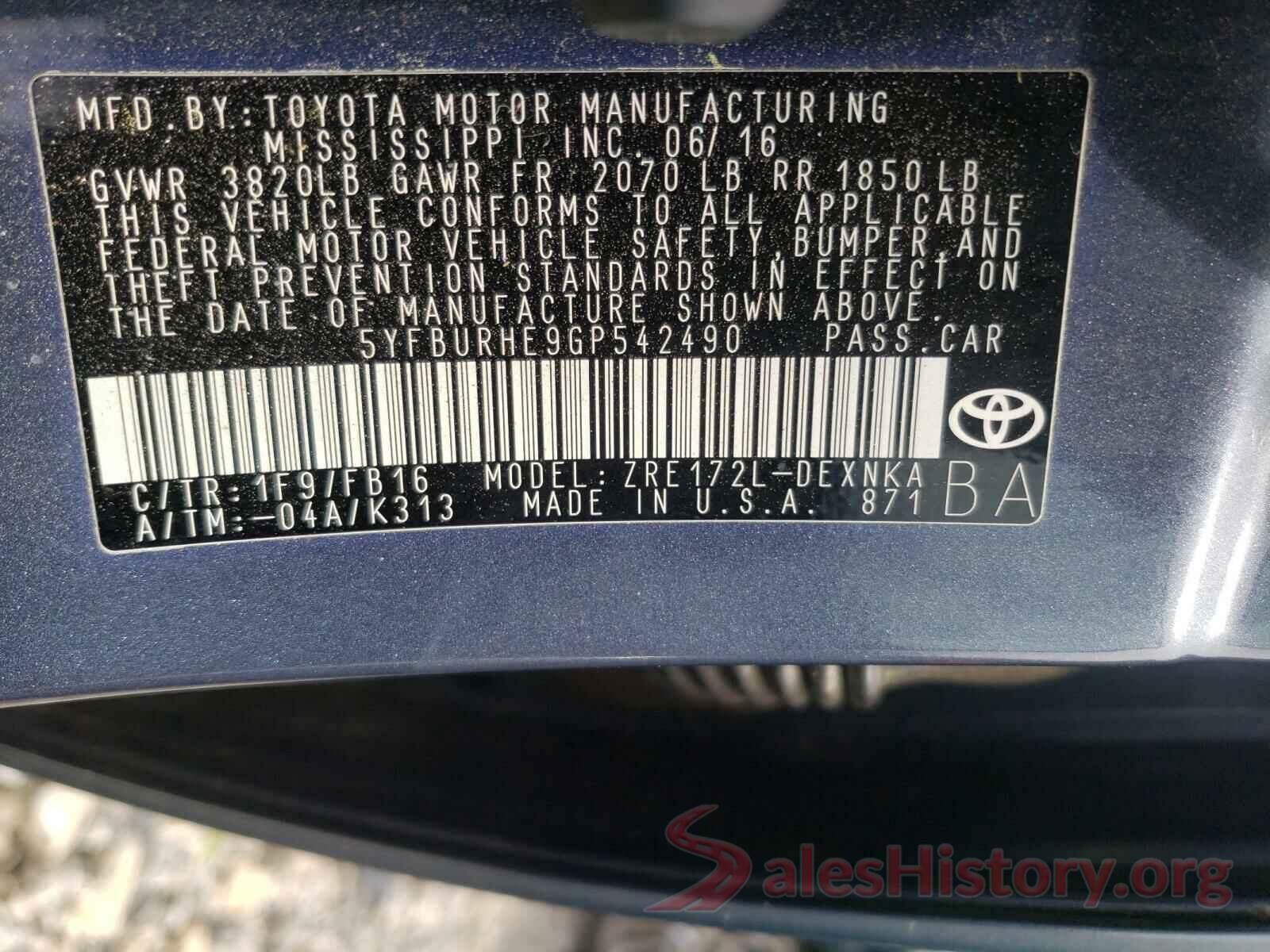 5YFBURHE9GP542490 2016 TOYOTA COROLLA