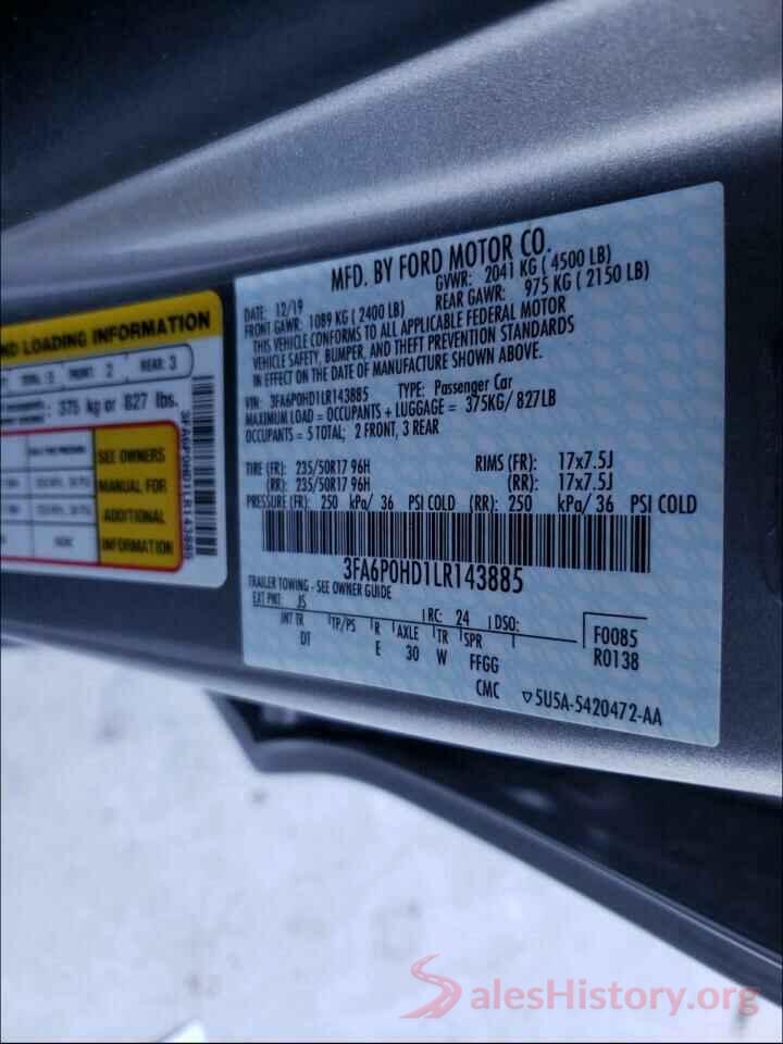 3FA6P0HD1LR143885 2020 FORD FUSION