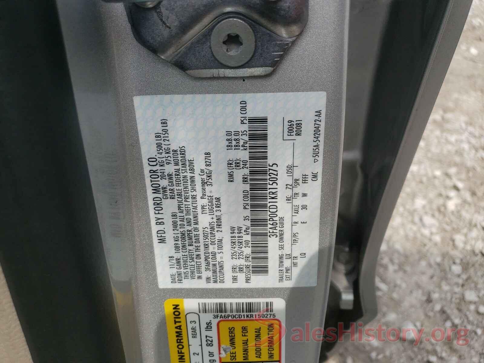 3FA6P0CD1KR150275 2019 FORD FUSION