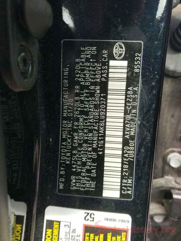 4T1G11AK6LU920371 2020 TOYOTA CAMRY