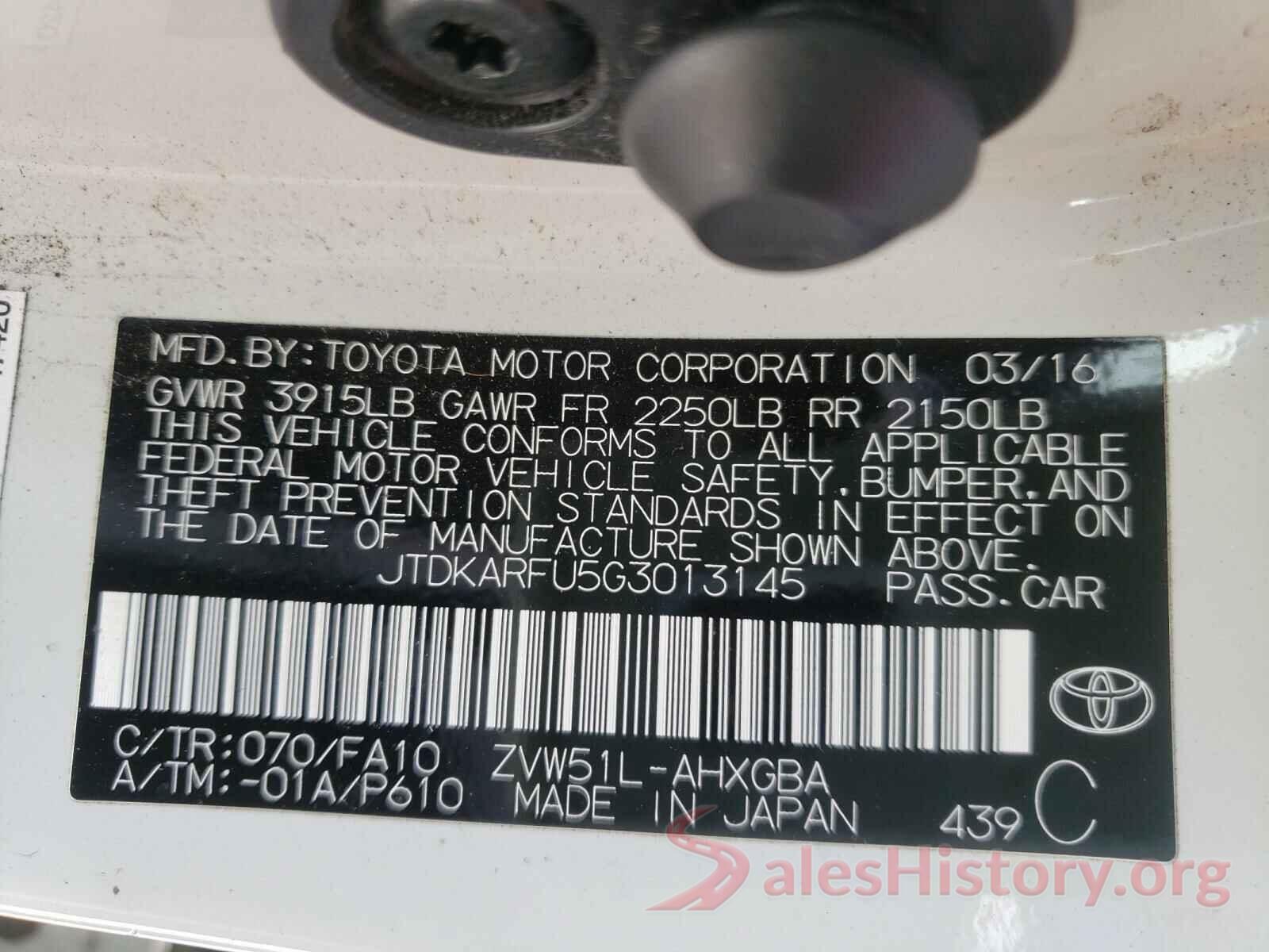 JTDKARFU5G3013145 2016 TOYOTA PRIUS