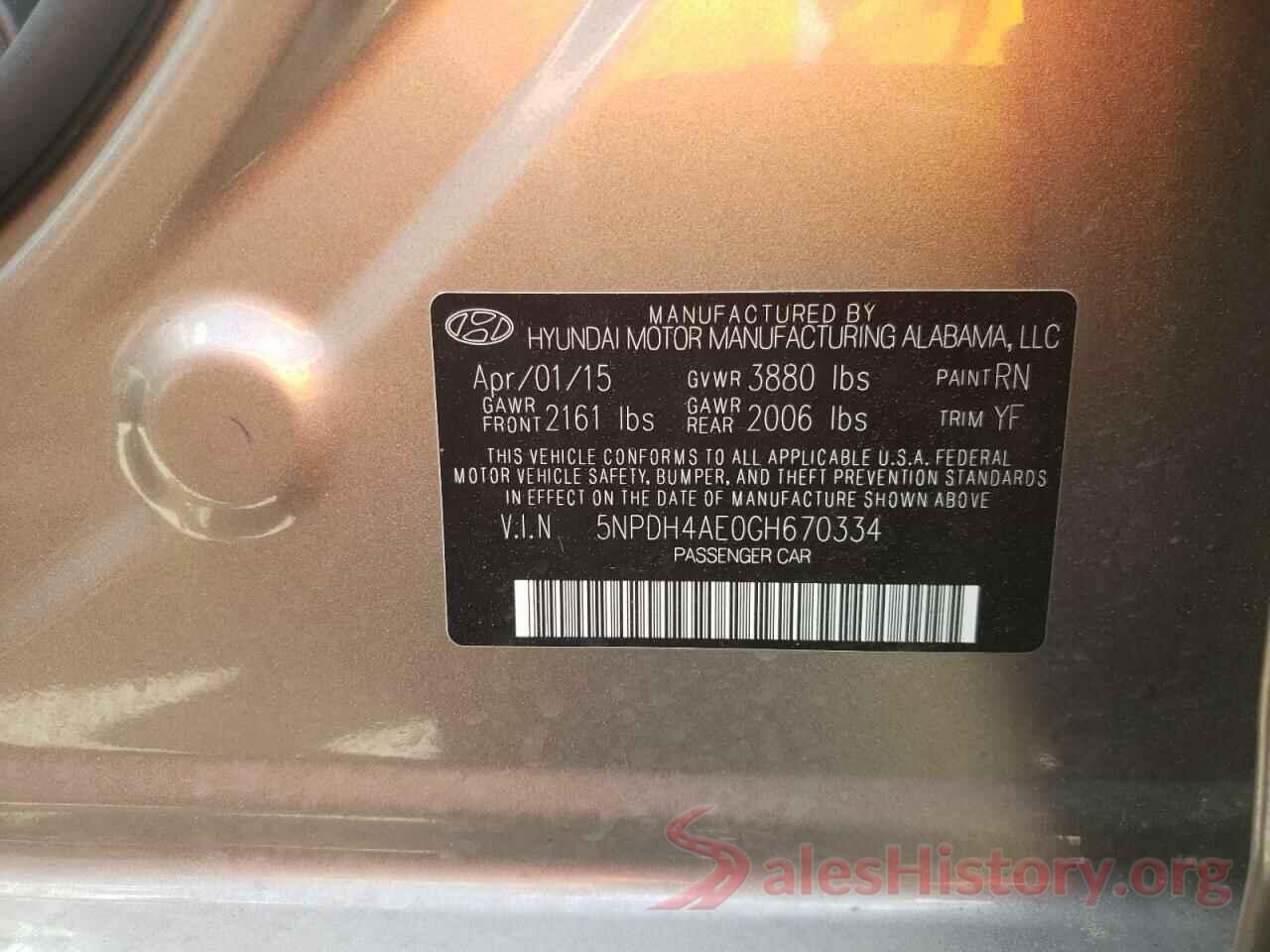 5NPDH4AE0GH670334 2016 HYUNDAI ELANTRA