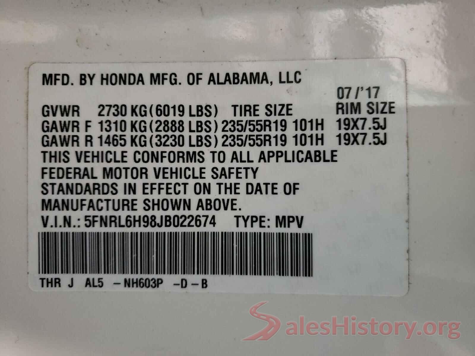 5FNRL6H98JB022674 2018 HONDA ODYSSEY