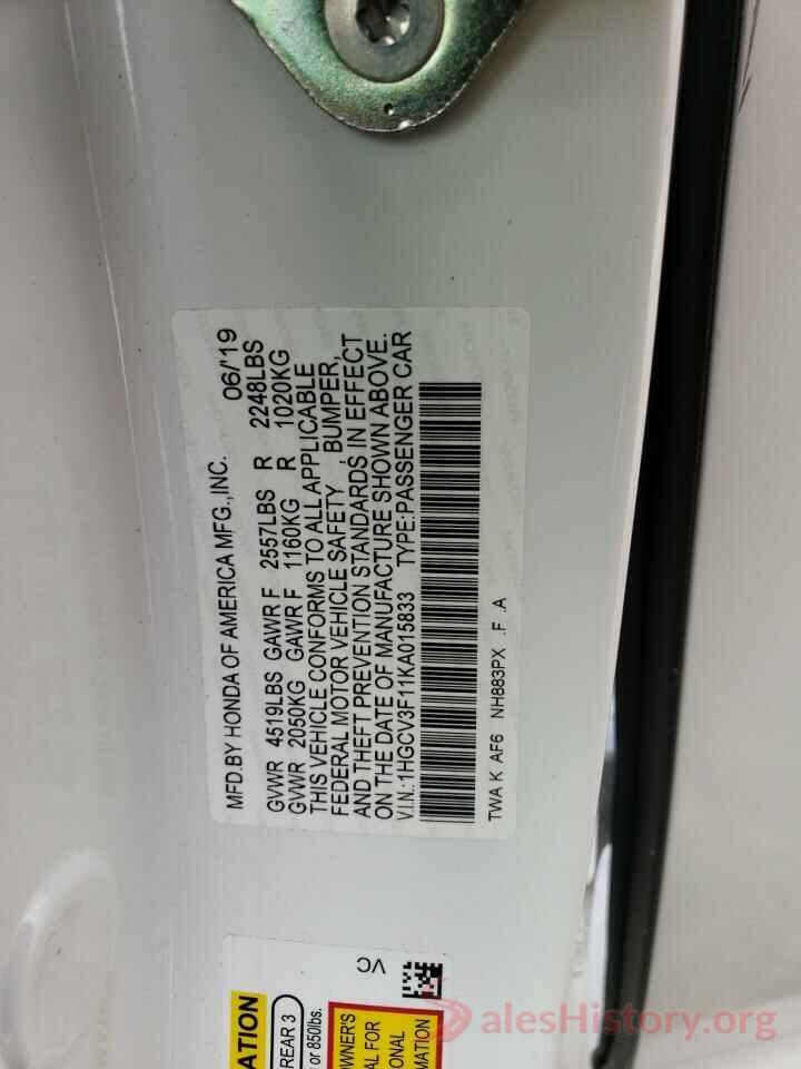 1HGCV3F11KA015833 2019 HONDA ACCORD