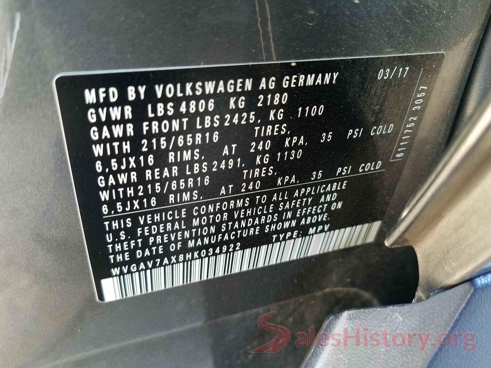 WVGAV7AX8HK034922 2017 VOLKSWAGEN TIGUAN