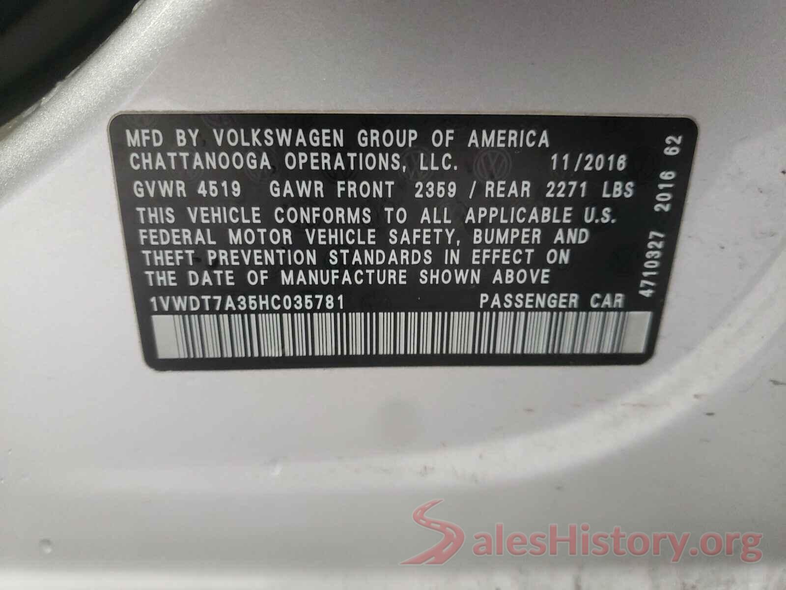 1VWDT7A35HC035781 2017 VOLKSWAGEN PASSAT