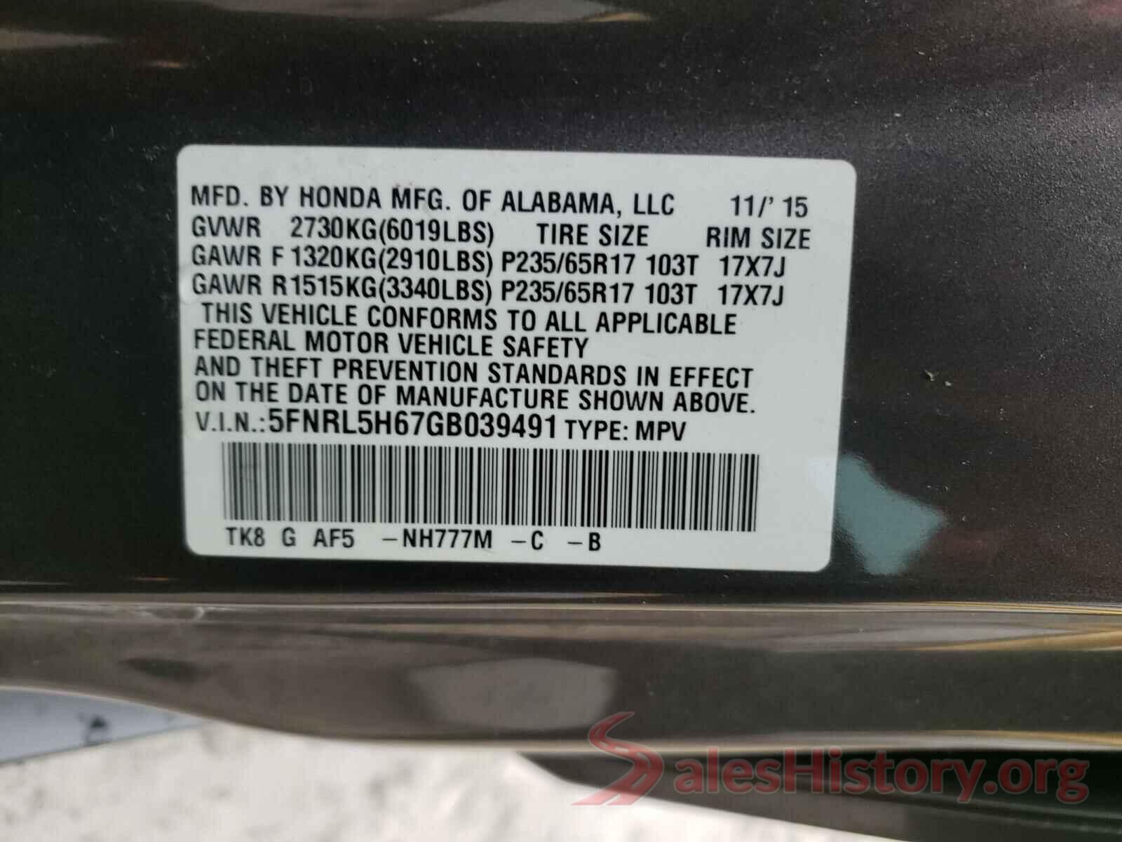 5FNRL5H67GB039491 2016 HONDA ODYSSEY