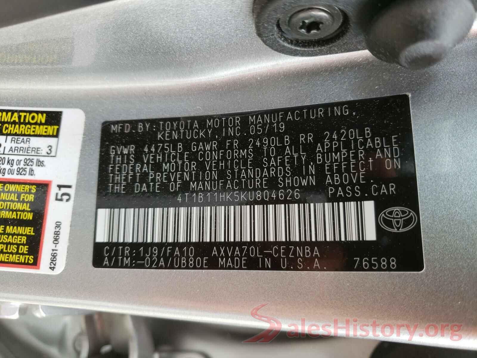 4T1B11HK5KU804626 2019 TOYOTA CAMRY