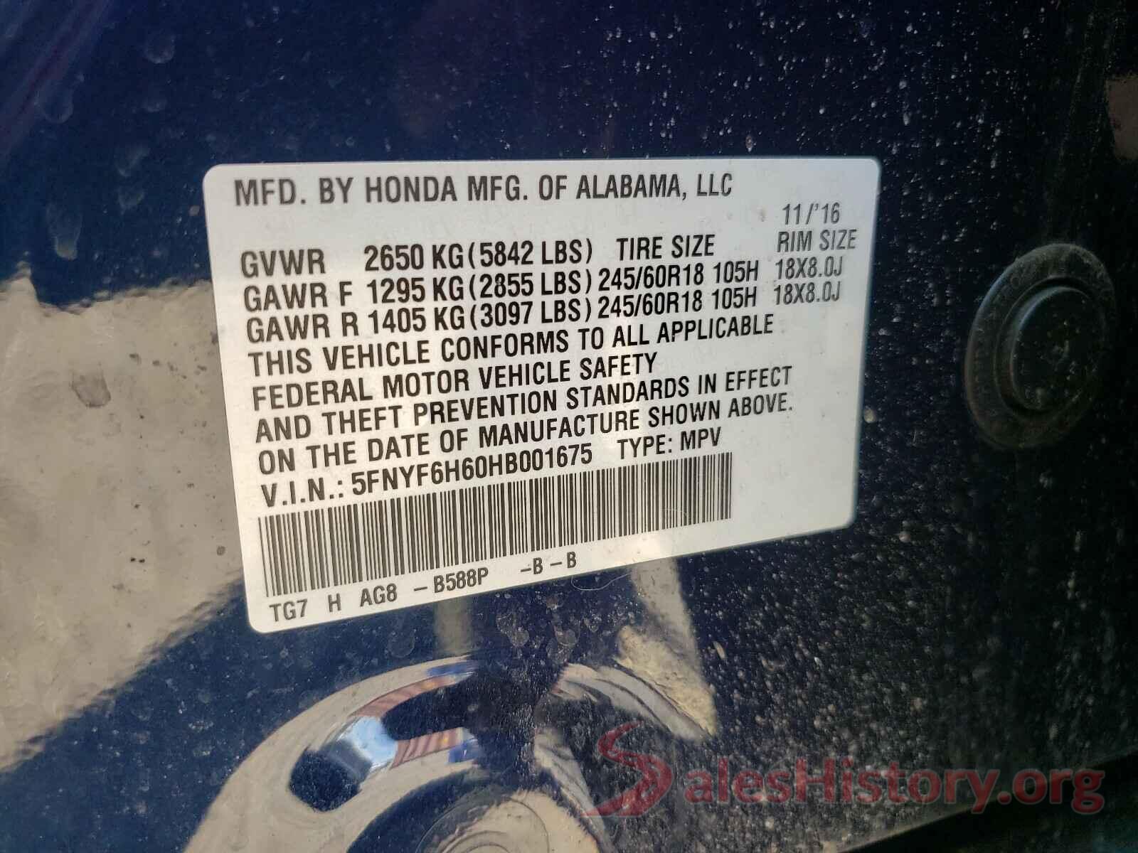 5FNYF6H60HB001675 2017 HONDA PILOT