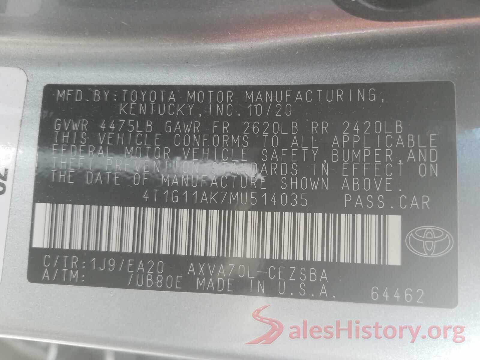 4T1G11AK7MU514035 2021 TOYOTA CAMRY