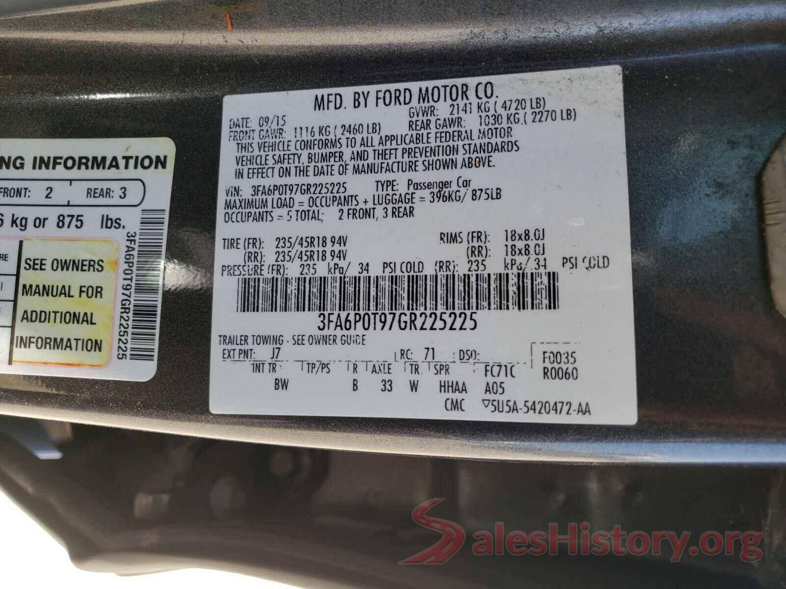 3FA6P0T97GR225225 2016 FORD FUSION