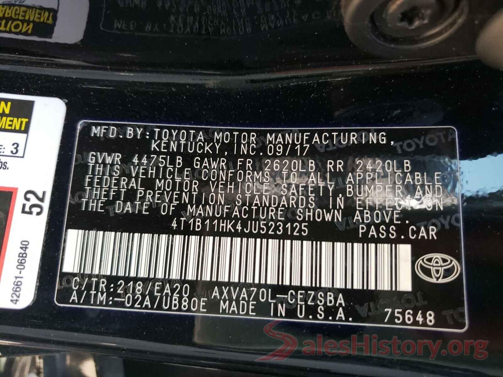 4T1B11HK4JU523125 2018 TOYOTA CAMRY