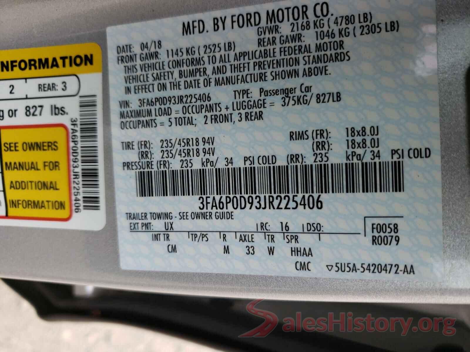 3FA6P0D93JR225406 2018 FORD FUSION