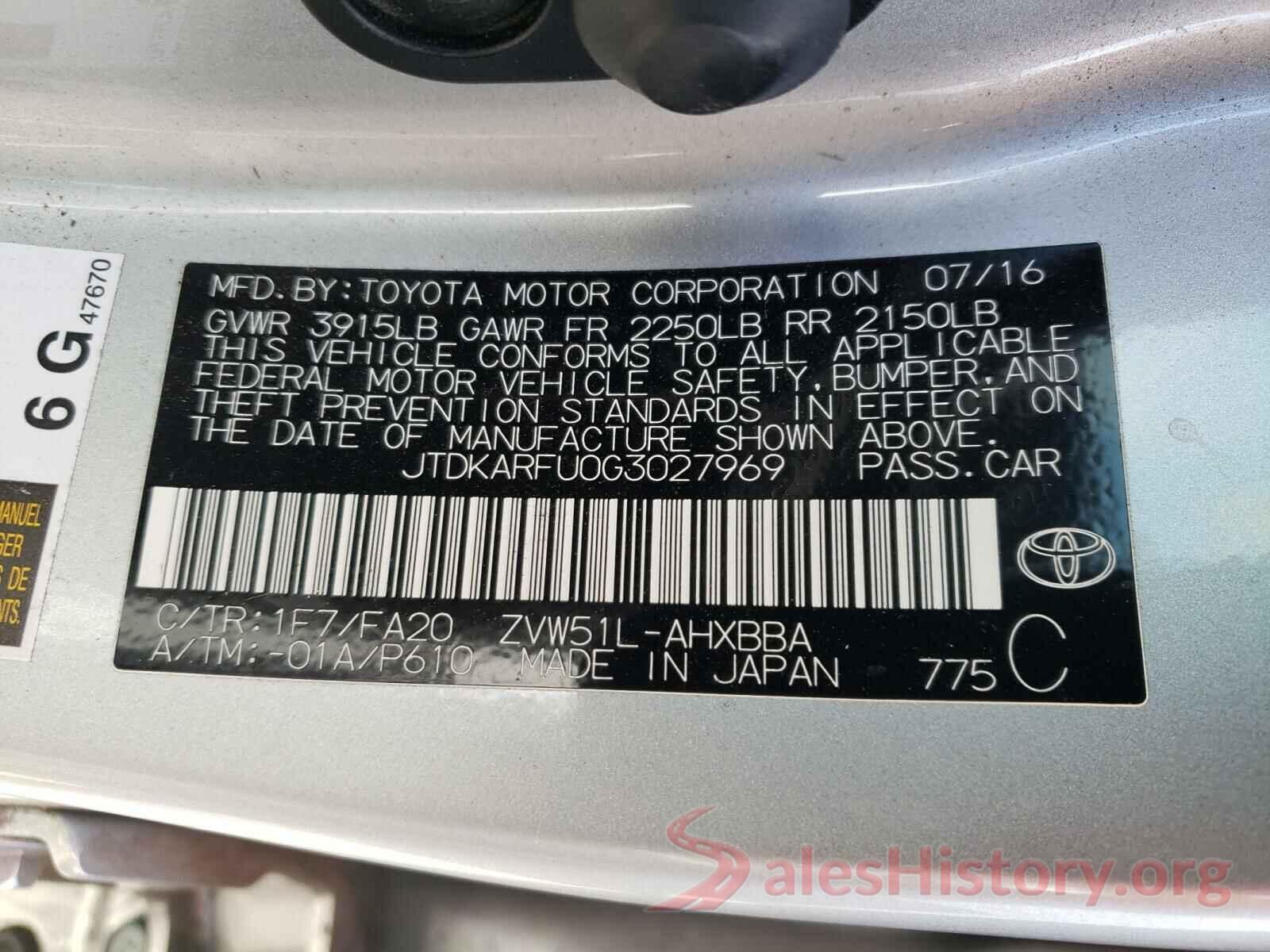 JTDKARFU0G3027969 2016 TOYOTA PRIUS