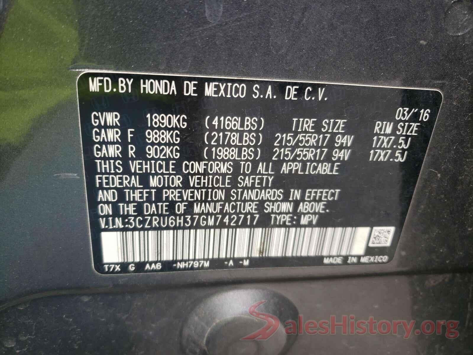 3CZRU6H37GM742717 2016 HONDA HR-V