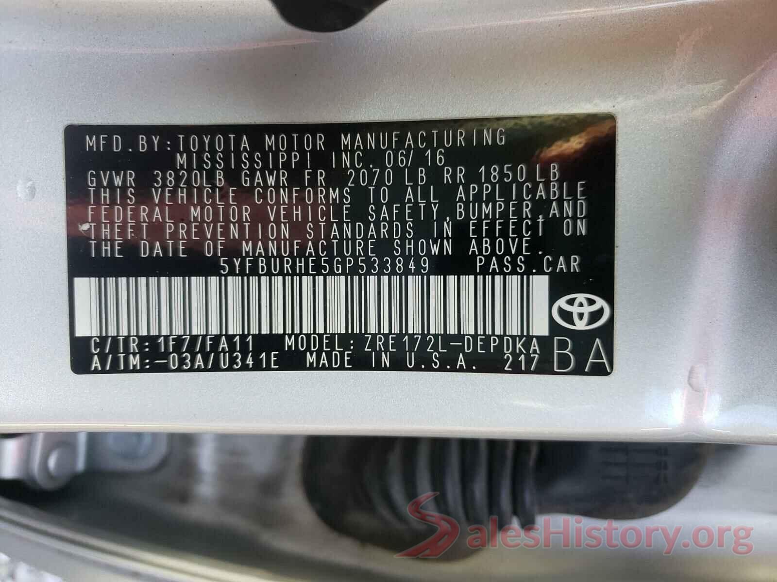 5YFBURHE5GP533849 2016 TOYOTA COROLLA