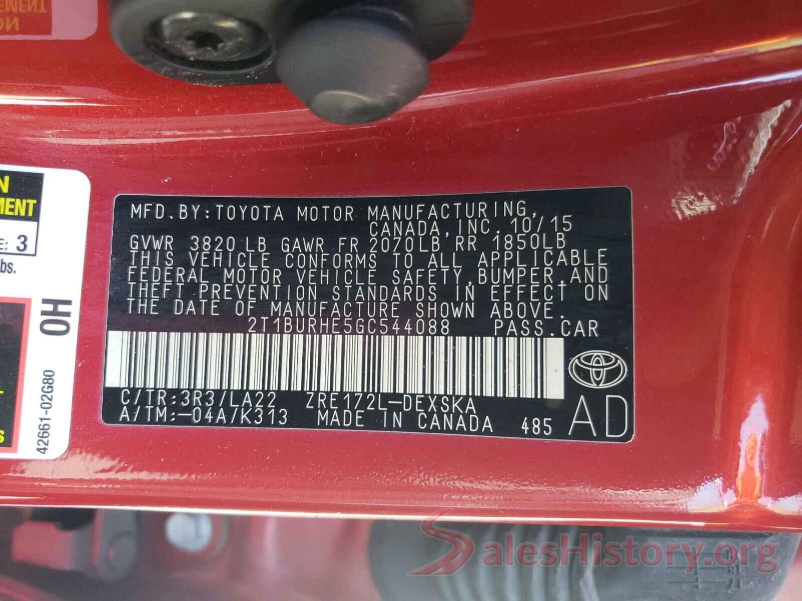 2T1BURHE5GC544088 2016 TOYOTA COROLLA