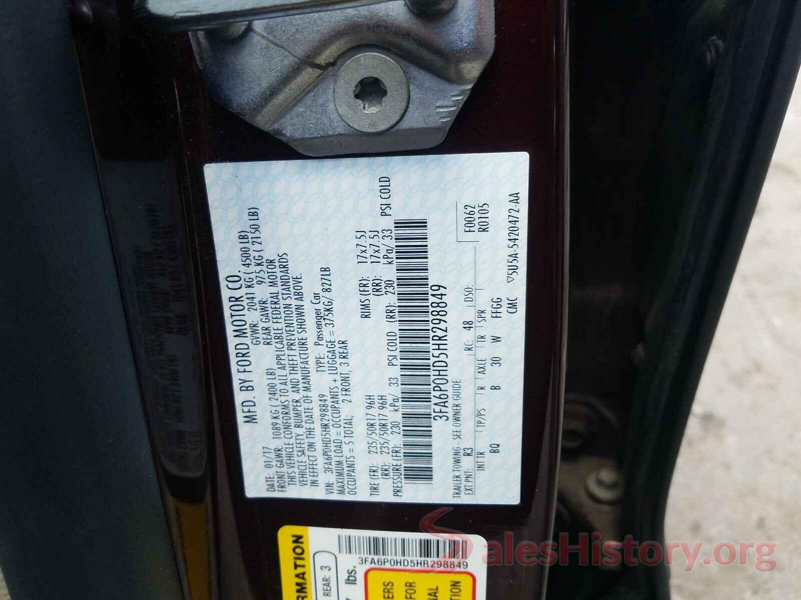 3FA6P0HD5HR298849 2017 FORD FUSION