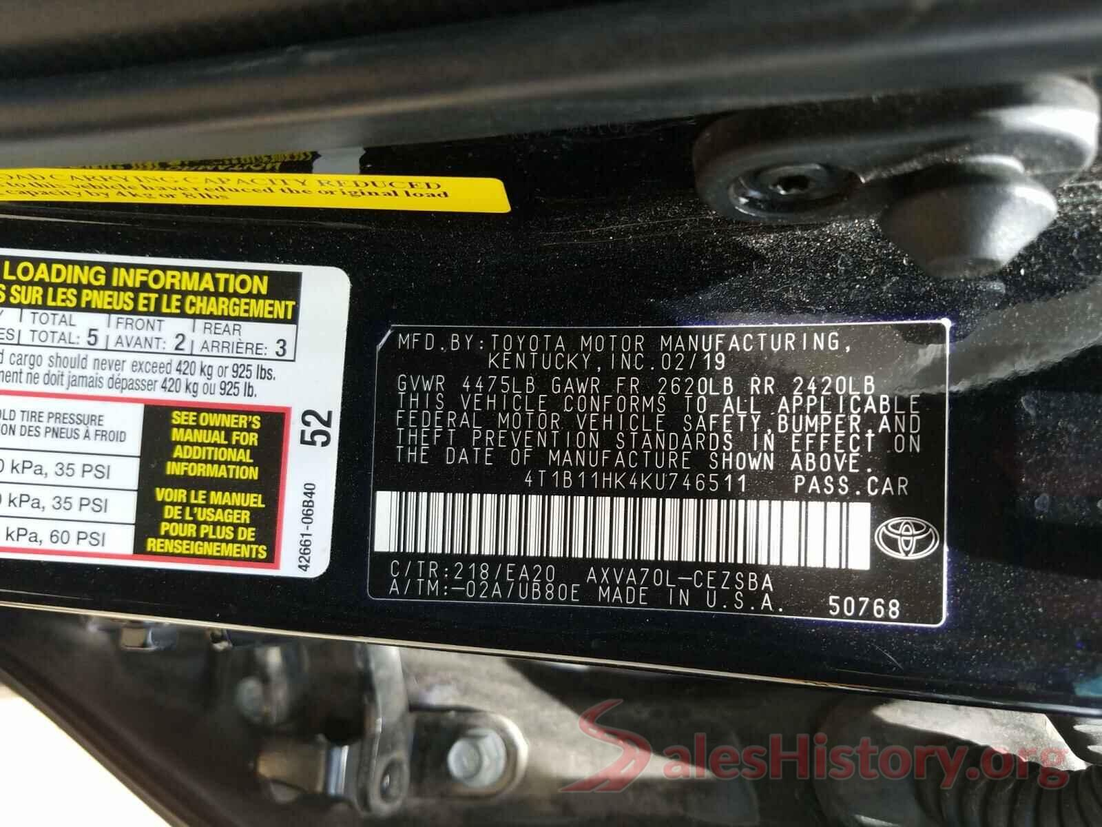 4T1B11HK4KU746511 2019 TOYOTA CAMRY