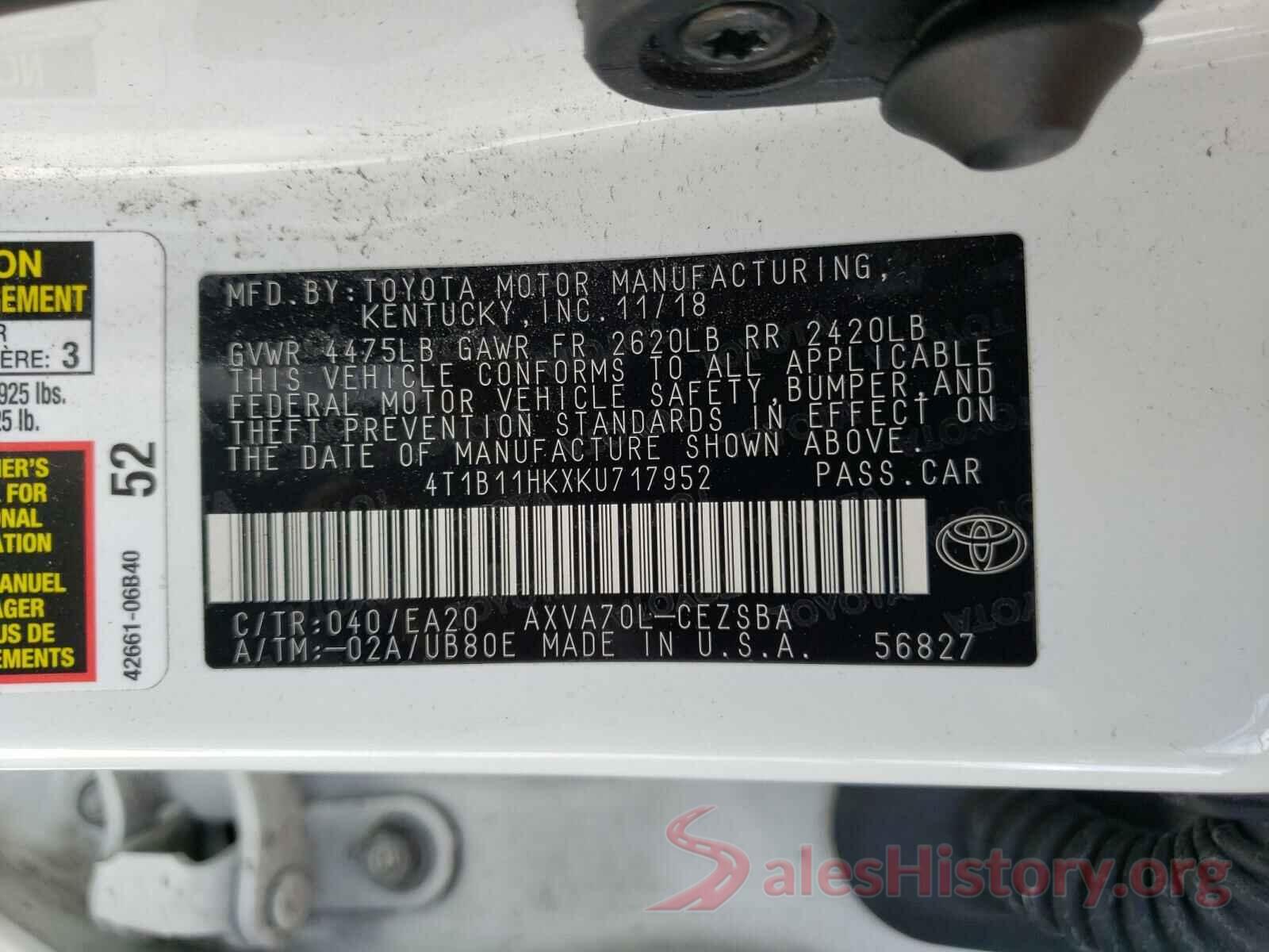 4T1B11HKXKU717952 2019 TOYOTA CAMRY