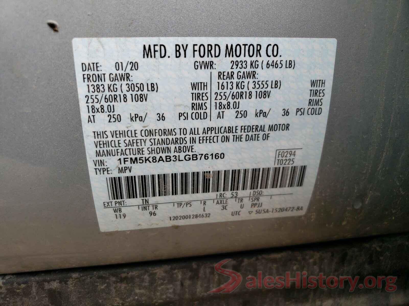 1FM5K8AB3LGB76160 2020 FORD EXPLORER