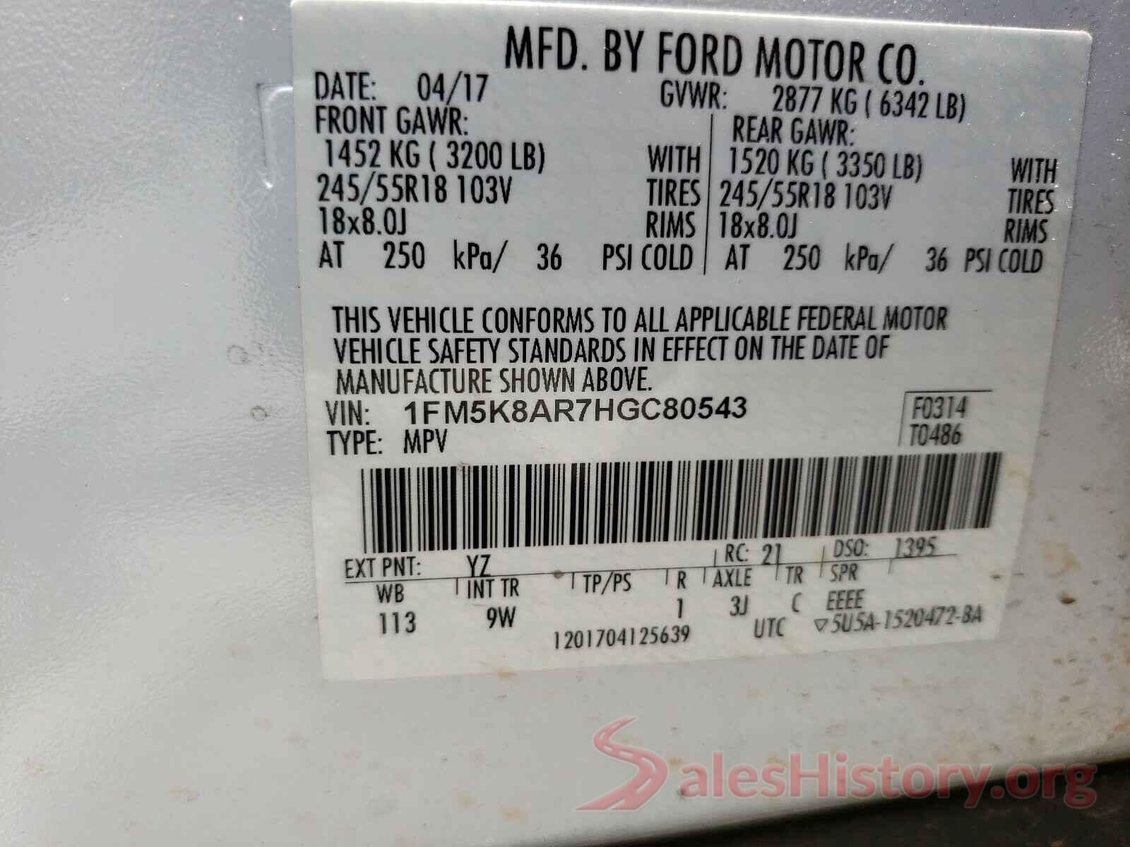 1FM5K8AR7HGC80543 2017 FORD EXPLORER