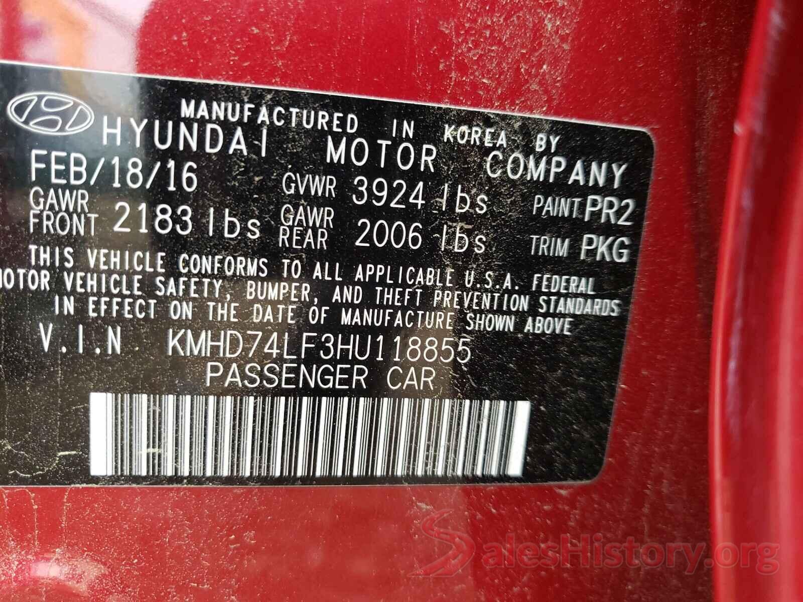 KMHD74LF3HU118855 2017 HYUNDAI ELANTRA