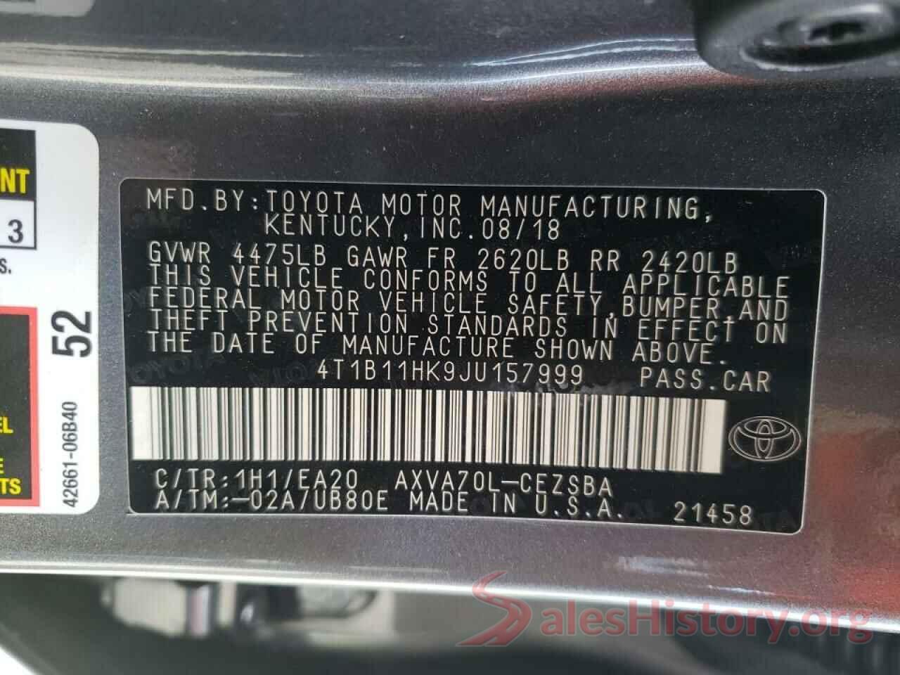 4T1B11HK9JU157999 2018 TOYOTA CAMRY