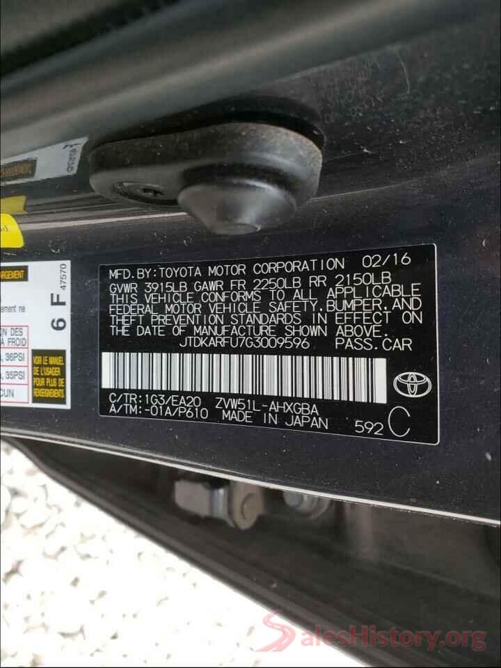 JTDKARFU7G3009596 2016 TOYOTA PRIUS