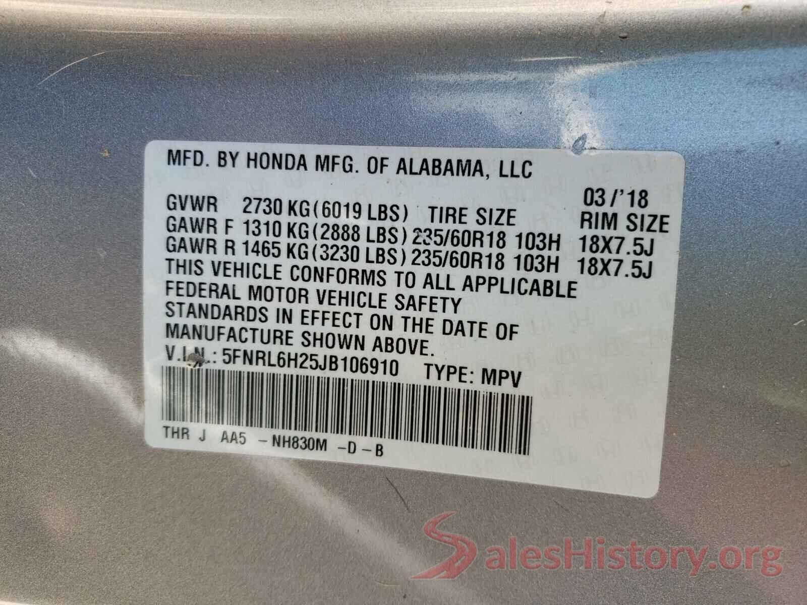 5FNRL6H25JB106910 2018 HONDA ODYSSEY