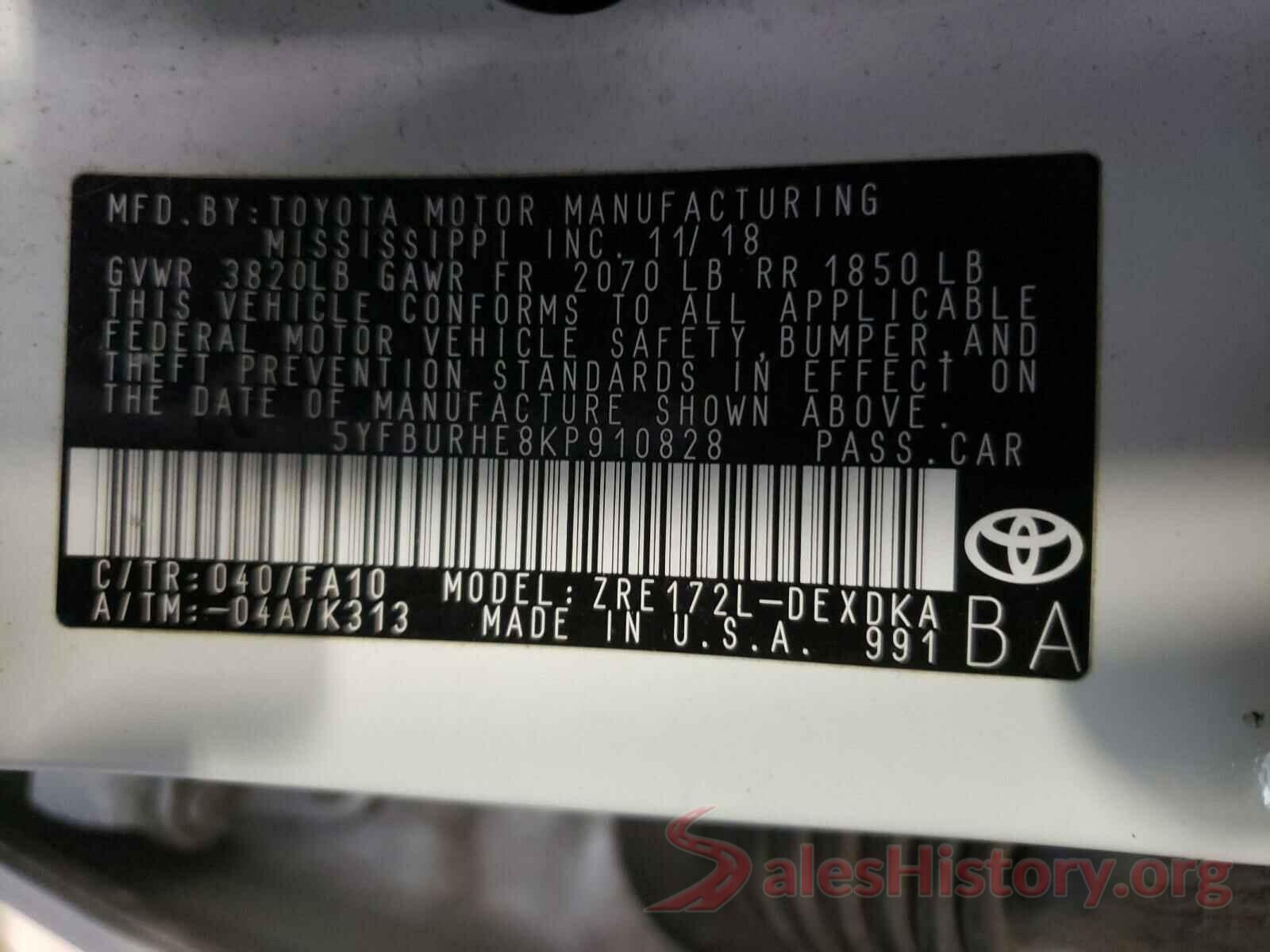 5YFBURHE8KP910828 2019 TOYOTA COROLLA