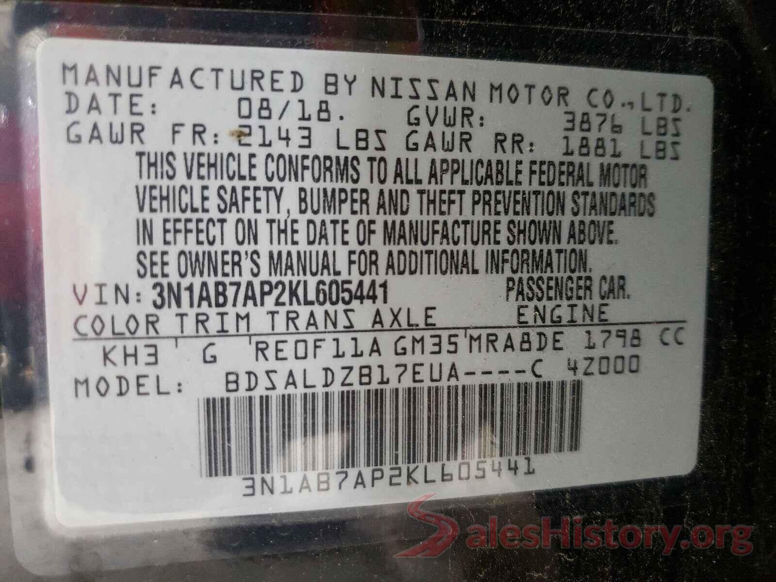 3N1AB7AP2KL605441 2019 NISSAN SENTRA